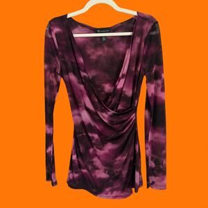 00's vintage purple tie dye micro mesh long sleeve y2k faux wrap top MEDIUM